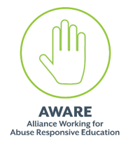 Picture of green stop hand with text: Aware - Alliance working for abuse responsive education