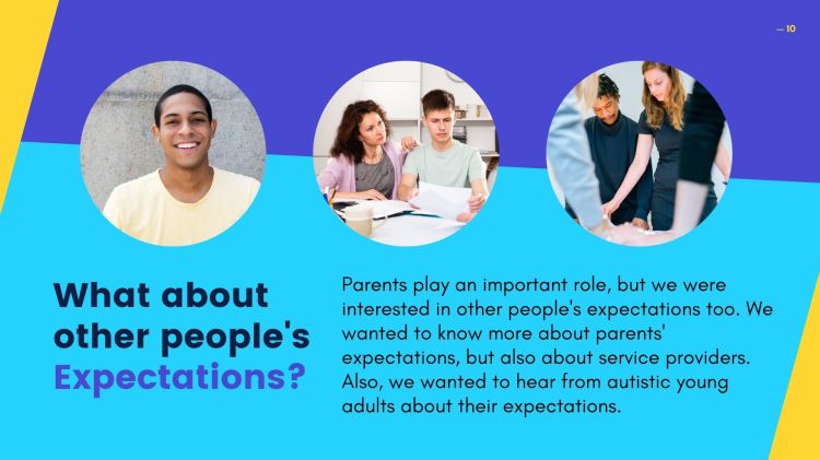 Three circles: in the first circle there is a man and a woman standing next to each other both dressed in black, there are 2 arms in the forefront of the image. In the second circle there are a young woman and a man setting down and in front of them on the table there are papers, notebook, pens, pencils, and a coffee mug. The young man is wearing a light green t-shirt and he is holdng a paper in his hands and looking at it. The young woman is wearing light purple jacket and a gray t-shirt, she has her left arm placed on the young man's shoulder. In the third circle, there is a young man smiling and wearing a light yellow t-shirt.