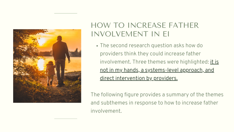 How to Increase Father Involvement in EI: The second research question asks how do providers think they could increase father involvement. Three themes were highlighted: it is not in my hands, a systems-level approach, and direct intervention by providers.