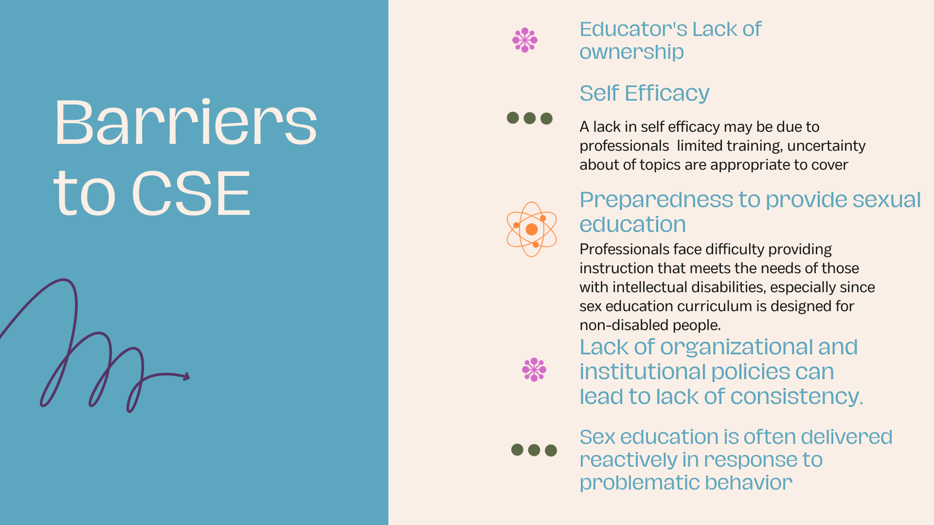 Barriers to CSE Educator's Lack of ownership Self Efficacy A lack in self efficacy may be due to professionals limited training, uncertainty about of topics are appropriate to cover Preparedness to provide sexual educationProfessionals face difficulty providing instruction that meets the needs of those with intellectual disabilities, especially since sex education curriculum is designed for non-disabled people.Lack of organizational and institutional policies can lead to lack of consistency.Sex education is often delivered reactively in response to problematic behavior