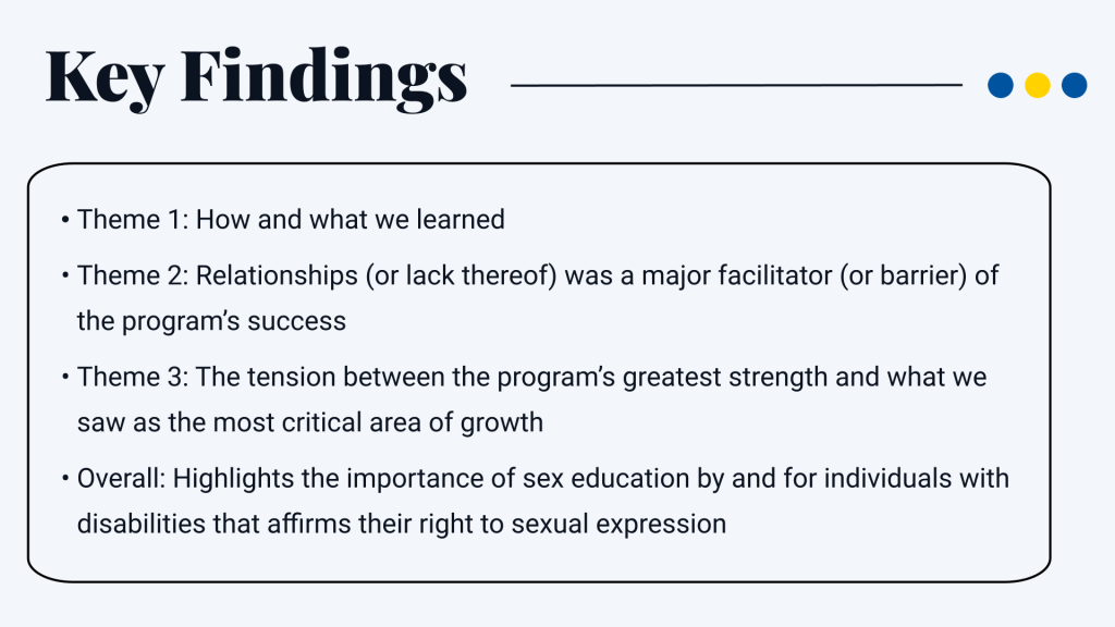 Key Findings Theme 1: How and what we learned Theme 2: Relationships (or lack thereof) was a major facilitator (or barrier) of the program’s success Theme 3: The tension between the program’s greatest strength and what we saw as the most critical area of growth Overall: Highlights the importance of sex education by and for individuals with disabilities that affirms their right to sexual expression