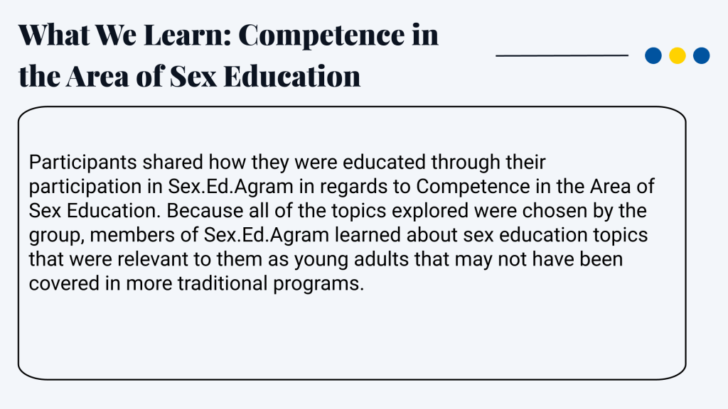 What We Learn: Competence in the Area of Sex Education Participants shared how they were educated through their participation in Sex.Ed.Agram in regards to Competence in the Area of Sex Education. Because all of the topics explored were chosen by the group, members of Sex.Ed.Agram learned about sex education topics that were relevant to them as young adults that may not have been covered in more traditional programs.